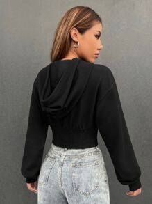 SHEIN Coolane Embroidery Letter Pattern Drop Shoulder Drawstring Hoodie - Black - View 2