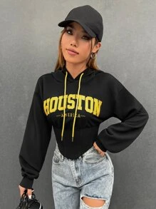 SHEIN Coolane Embroidery Letter Pattern Drop Shoulder Drawstring Hoodie - Black - View 3