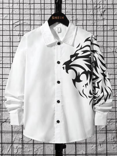 SHEIN Leap Crew 青少年男孩休闲狮子图案纽扣长袖衬衫
