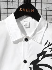 SHEIN Leap Crew Tween Boy Casual Lion Graphic Button Down Long Sleeve Shirt - White - View 4