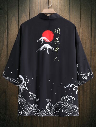 Kimono de manga corta con estampado de sol y olas, de estilo japonés, para salir, otoño, talla grande para hombres