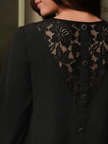 SHEIN Frenchy Contrast Lace Button Back Ruffle Hem Smock Dress - Black - View 2