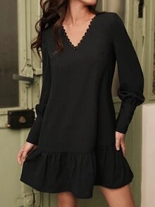 SHEIN Frenchy Contrast Lace Button Back Ruffle Hem Smock Dress - Black - View 3