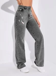 SHEIN EZwear 高腰破洞直筒牛仔褲 - 灰色 - 查看 1