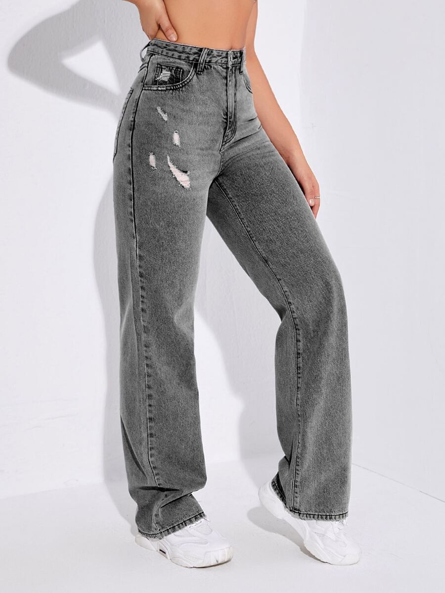 SHEIN EZwear 高腰破洞直筒牛仔褲 - 灰色 - 查看 1