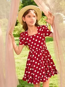 SHEIN Girls Polka Dot Square Neck Puff Sleeve Ruffle Hem Dress - Burgundy - View 1