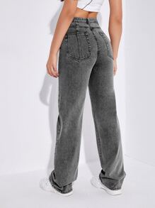 SHEIN EZwear 高腰破洞直筒牛仔褲 - 灰色 - 查看 2