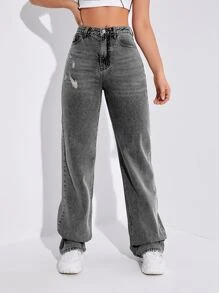 SHEIN EZwear 高腰破洞直筒牛仔褲 - 灰色 - 查看 3