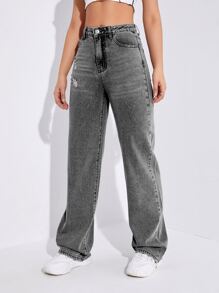 SHEIN EZwear 高腰破洞直筒牛仔褲 - 灰色 - 查看 4