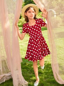 SHEIN Girls Polka Dot Square Neck Puff Sleeve Ruffle Hem Dress - Burgundy - View 4