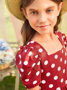 SHEIN Girls Polka Dot Square Neck Puff Sleeve Ruffle Hem Dress - Burgundy - View 5