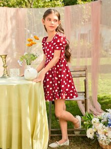 SHEIN Girls Polka Dot Square Neck Puff Sleeve Ruffle Hem Dress - Burgundy - View 6