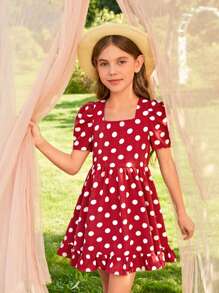 SHEIN Girls Polka Dot Square Neck Puff Sleeve Ruffle Hem Dress - Burgundy - View 7