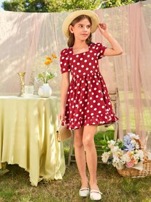 SHEIN Girls Polka Dot Square Neck Puff Sleeve Ruffle Hem Dress - Burgundy - View 8