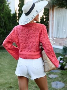 SHEIN VCAY Pointelle Knit Batwing Sleeve Crop Jumper - Watermelon Pink - View 2