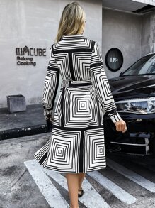 SHEIN LUNE Geo Print Belted Shirt Dress - Black and White - View 2