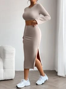 SHEIN PETITE Bộ đồ hai mảnh nữ Tách cao màu trơn Giải trí - Màu be - Xem 3