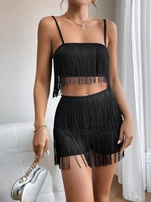 SHEIN PETITE Shorts con top de tirantes ribete con fleco - Negro - Ver 3