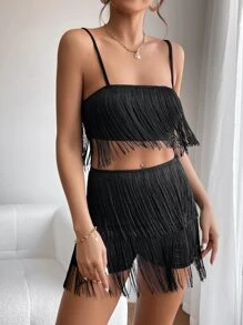 SHEIN PETITE Shorts con top de tirantes ribete con fleco - Negro - Ver 1