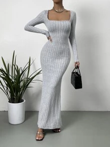 SHEIN Privé 方領魚尾裙下擺緊身連衣裙 - 灰色 - 查看 3