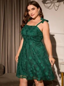 SHEIN Belle Vestido de tirantes con patrón de lunares de hombros con cordón - Verde Oscuro - Ver 4