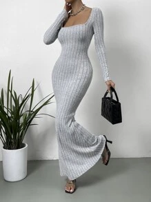SHEIN Privé 方領魚尾裙下擺緊身連衣裙 - 灰色 - 查看 6