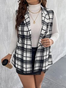 Calvaya Plus Plaid Print Vest Blazer - Black and White - View 1