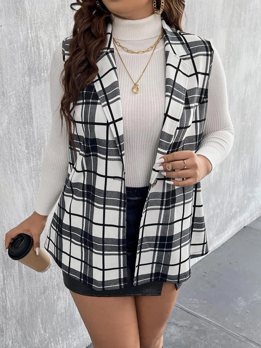 Calvaya Plus Plaid Print Vest Blazer - Black and White - View 1