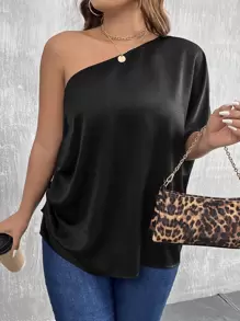 SHEIN Clasi Blusa de un hombro de manga murciélago - Negro - Ver 1