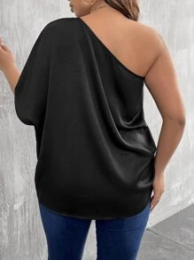 SHEIN Clasi Blusa de un hombro de manga murciélago - Negro - Ver 2