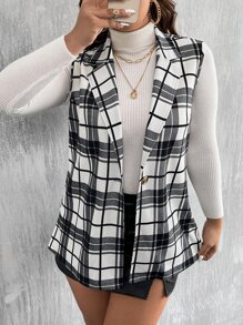 Calvaya Plus Plaid Print Vest Blazer - Black and White - View 4