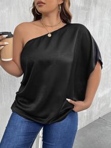 SHEIN Clasi Blusa de un hombro de manga murciélago - Negro - Ver 3