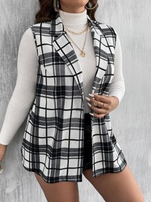 Calvaya Plus Plaid Print Vest Blazer - Black and White - View 5