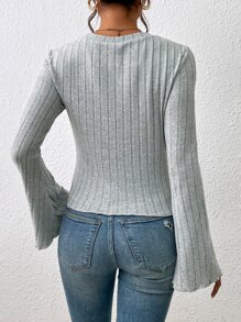 SHEIN Privé 條紋針織荷葉袖T恤 - 淺灰色 - 查看 2