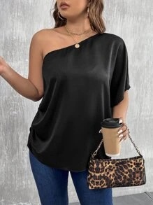 SHEIN Clasi Blusa de un hombro de manga murciélago - Negro - Ver 5