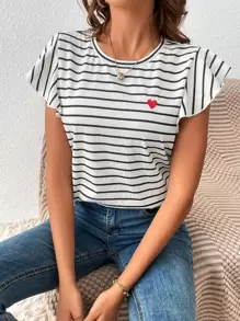 SHEIN Frenchy Striped & Heart Print Butterfly Sleeve Tee - White - View 1