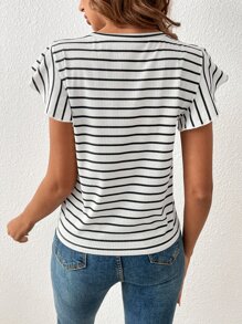 SHEIN Frenchy Striped & Heart Print Butterfly Sleeve Tee - White - View 2