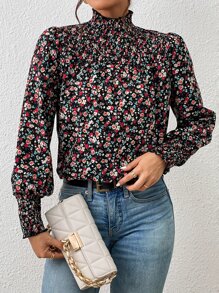 SHEIN Frenchy Ditsy Floral Print Shirred Lantern Sleeve Blouse - Multicolor - View 4