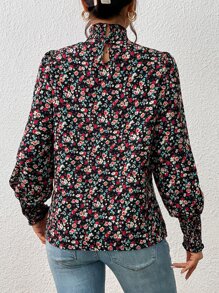 SHEIN Frenchy Ditsy Floral Print Shirred Lantern Sleeve Blouse - Multicolor - View 2