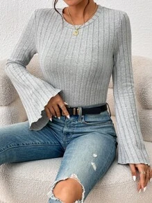 SHEIN Privé 條紋針織荷葉袖T恤 - 淺灰色 - 查看 4