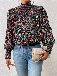 SHEIN Frenchy Ditsy Floral Print Shirred Lantern Sleeve Blouse - Multicolor - View 1