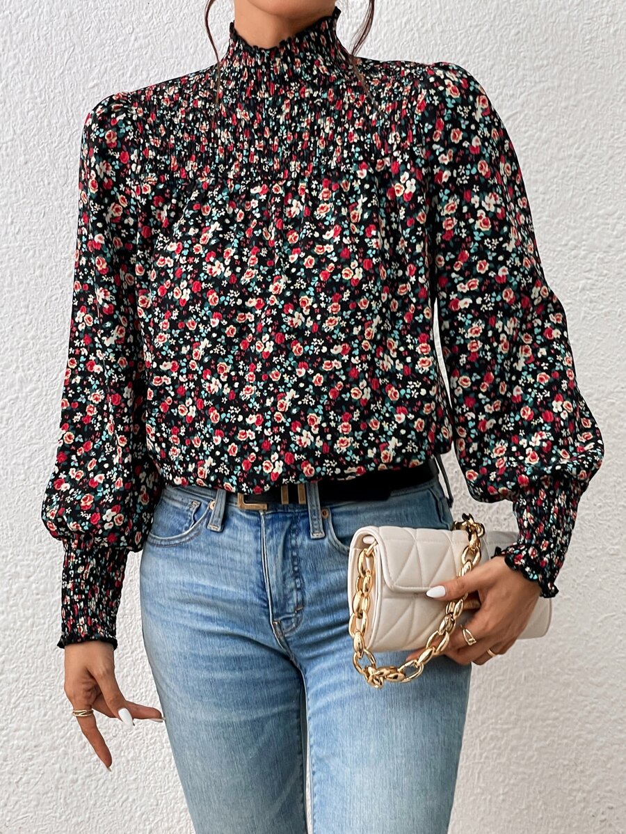 SHEIN Frenchy Ditsy Floral Print Shirred Lantern Sleeve Blouse - Multicolor - View 1