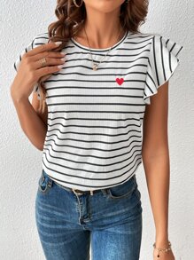SHEIN Frenchy Striped & Heart Print Butterfly Sleeve Tee - White - View 5