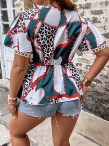 SHEIN LUNE Plus Leopard & Chain Print Guipure Lace Insert Peplum Blouse - Multicolor - View 2