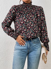 SHEIN Frenchy Ditsy Floral Print Shirred Lantern Sleeve Blouse - Multicolor - View 3