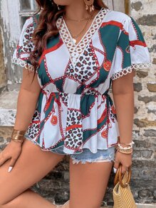 SHEIN LUNE Plus Leopard & Chain Print Guipure Lace Insert Peplum Blouse - Multicolor - View 3