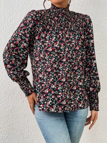 SHEIN Frenchy Ditsy Floral Print Shirred Lantern Sleeve Blouse - Multicolor - View 5