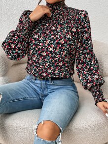 SHEIN Frenchy Ditsy Floral Print Shirred Lantern Sleeve Blouse - Multicolor - View 6