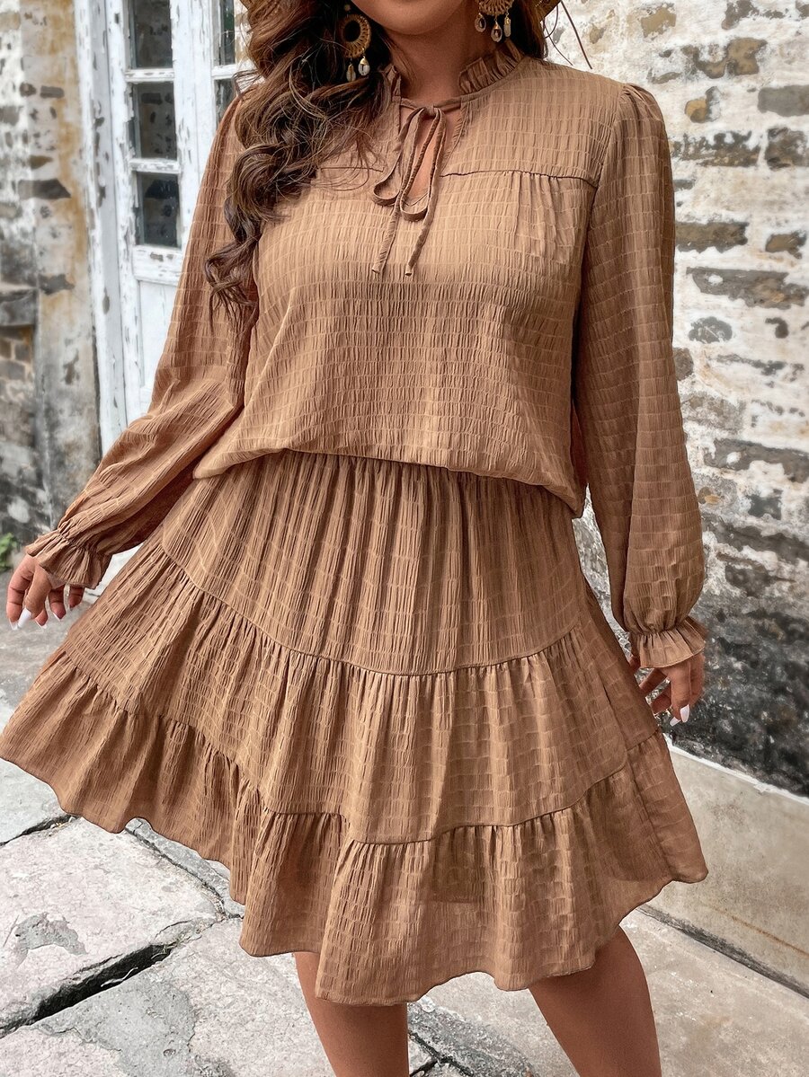 SHEIN LUNE de cuello con cordón de manga con volante Top & bajo con fruncido Falda - Café integral - Ver 1