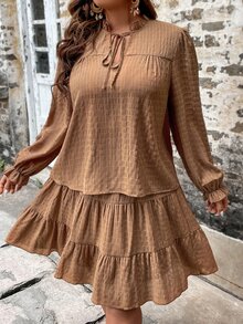 SHEIN LUNE de cuello con cordón de manga con volante Top & bajo con fruncido Falda - Café integral - Ver 5